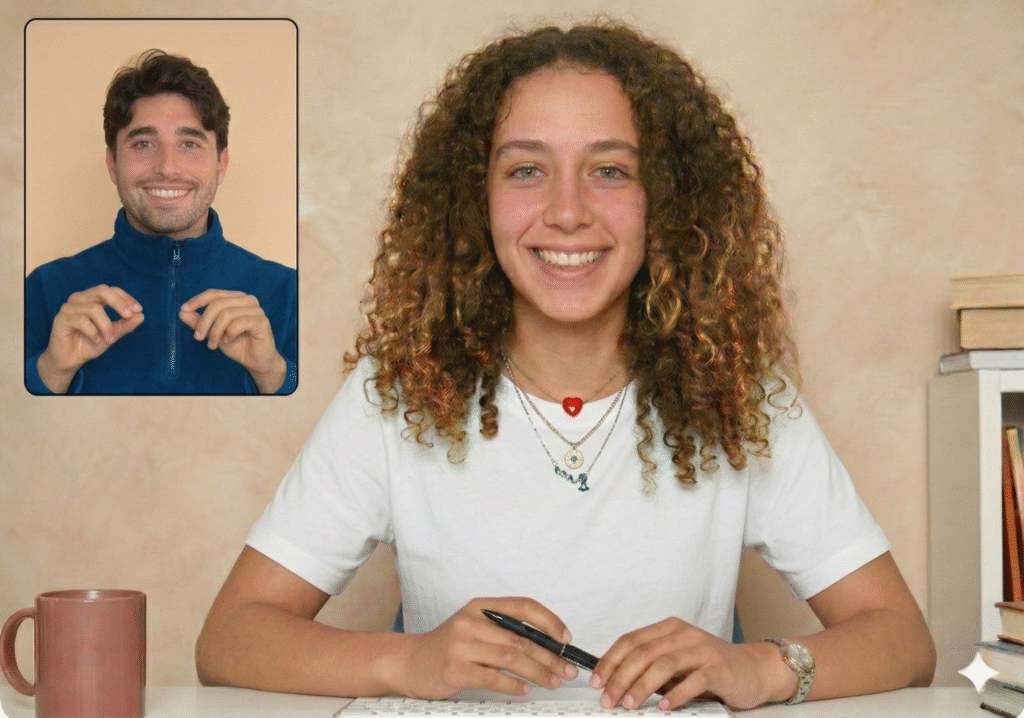 Student in an online Hebrew lesson with a teacher on video call